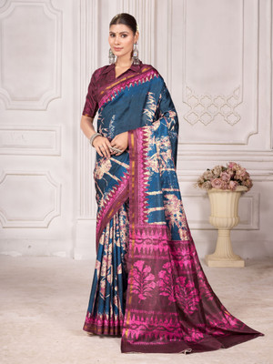 Rudrakala Digital Print, Floral Print, Geometric Print, Graphic Print, Self Design Bollywood Crepe, Silk Blend Saree(Pink, Blue)