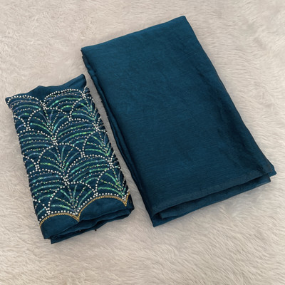 Zari and Ziba Embroidered Bollywood Chiffon Saree(Dark Blue)