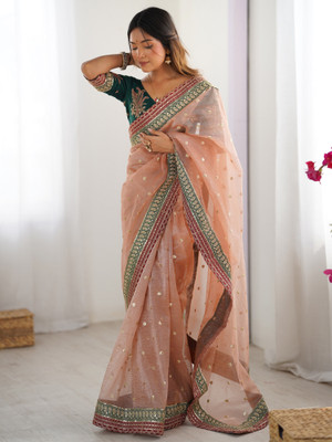ANOUK Embellished Bollywood Organza Saree(Orange)