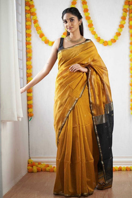 HouseOfCommon Woven, Embellished Banarasi Linen, Pure Cotton Saree(Yellow, Black)