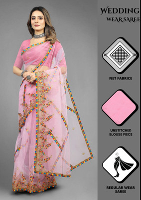 Barkiya Creation Embroidered Bollywood Net Saree(Pink)