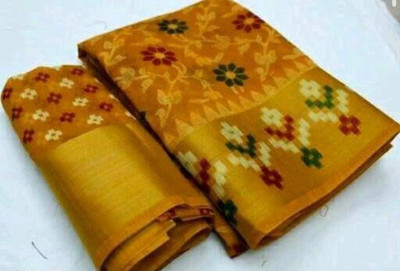 AMYRA COTTON SAREES Printed Bhagalpuri Cotton Blend, Brasso Saree(Yellow)