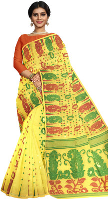 PuJoy Self Design Jamdani Cotton Blend Saree(Yellow, Multicolor)