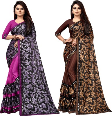 DECOFIN Embellished Bollywood Lycra Blend Saree(Pack of 2, Purple, Brown)