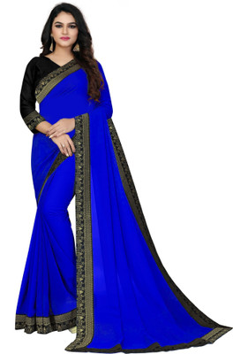 Rashiklal & Co. Solid/Plain Bollywood Chiffon, Georgette Saree(Dark Blue)
