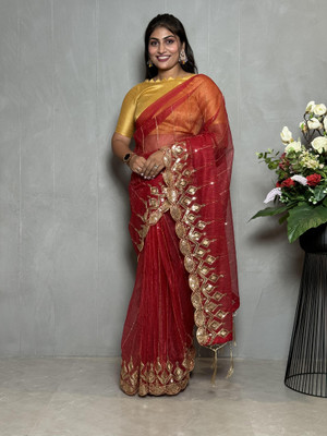 TIRTH CREATION Embroidered Bollywood Supernet Saree(Maroon)