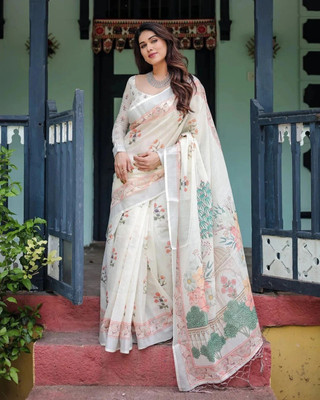 Myraani Printed Bollywood Cotton Linen, Art Silk Saree(White)