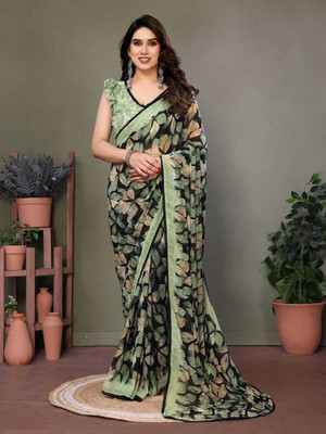 Kiaaa Printed, Floral Print Daily Wear Chiffon Saree(Green)