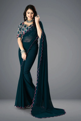 JenaFashion Embroidered Banarasi Georgette Saree(Blue)