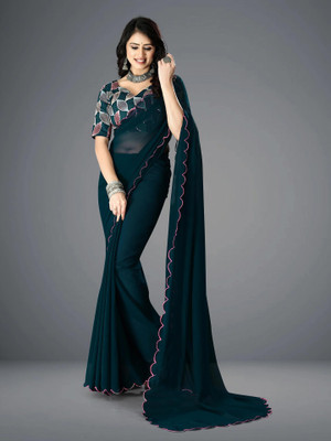 JenaFashion Embroidered Banarasi Georgette Saree(Blue)