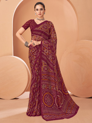 Sangria Printed Bandhani Chiffon Saree(Maroon)