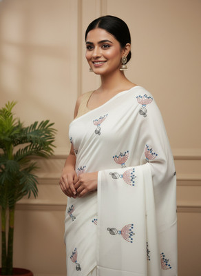 BongAp Embroidered Handloom Cotton Blend Saree(White)