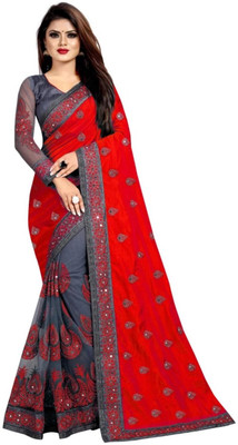 VKARAN Embroidered Saree with Attached Blouse Net Saree(Red)