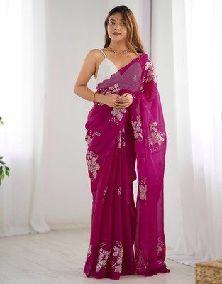 Samah Floral Print Bollywood Chiffon Saree(Pink)