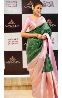 KAMALKUNJ DESIGNER Woven, Self Design, Striped Banarasi Cotton Silk, Jacquard Saree(Pink)