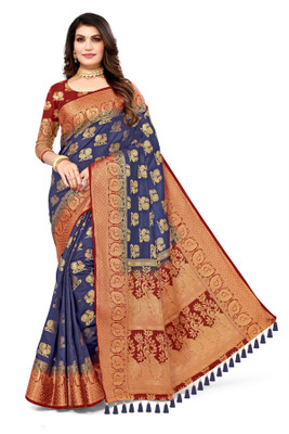 sarify creation Self Design Banarasi Cotton Silk Saree(Blue, Red)