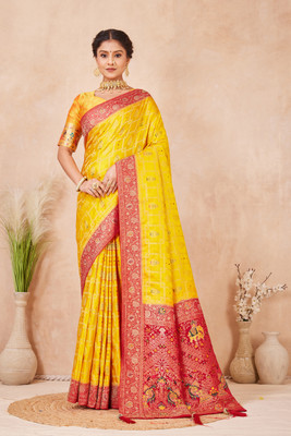 HETASH FASHION Woven, Self Design Banarasi Pure Silk Saree(Yellow, Red)