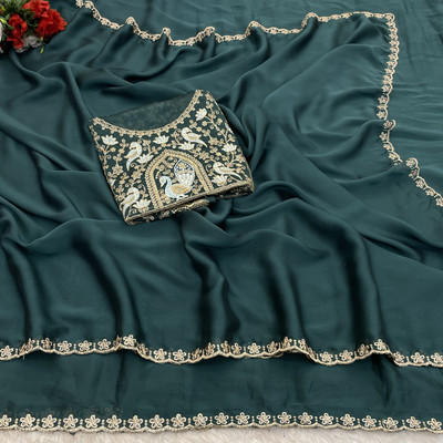 niesha fashion Embroidered Bollywood Chiffon Saree(Dark Green)