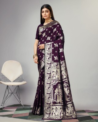 EEVLI Woven Baluchari Art Silk, Silk Blend Saree(Purple)