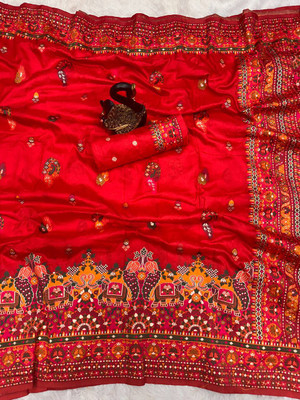 MOON VOGUE Floral Print Bandhani Art Silk Saree(Red)