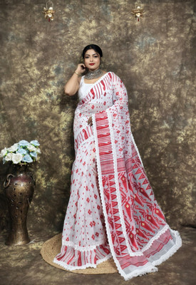 Ahana Textile Self Design Jamdani Cotton Silk Saree(White)