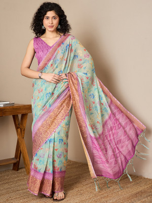 Tasrika Printed Pre Draped Saree Silk Blend Saree(Light Green)