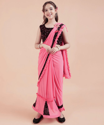 VRAJTEX FAB Solid/Plain Bollywood Lycra Blend Saree(Red)