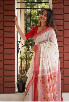 Mervadiya Printed Kanjivaram Cotton Linen, Linen Saree(White)