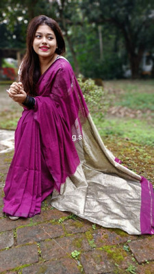 BongAp Solid/Plain Handloom Cotton Blend Saree(Multicolor)