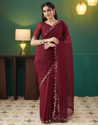 BHAGYAVATI DESIGNER Solid/Plain Bollywood Georgette Saree(Maroon)