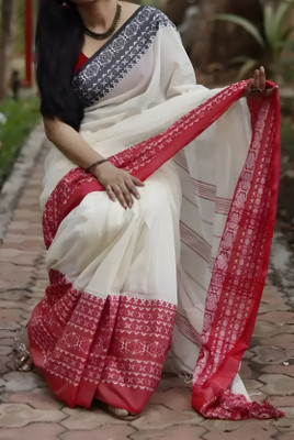 GOLU Printed Handloom Cotton Blend Saree(Cream, Red, Black)