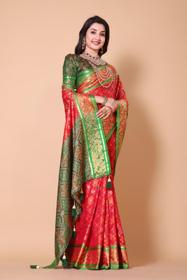 Wovenza Printed Patola Silk Blend Saree(Red)