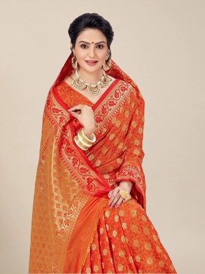 Manokamna Printed Kanjivaram Silk Blend Saree(Orange)