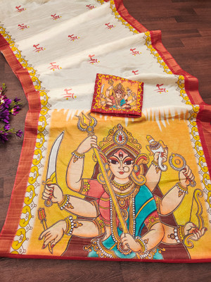 Hema Silk Mills Digital Print Handloom Silk Blend Saree(Red, Cream, Multicolor)