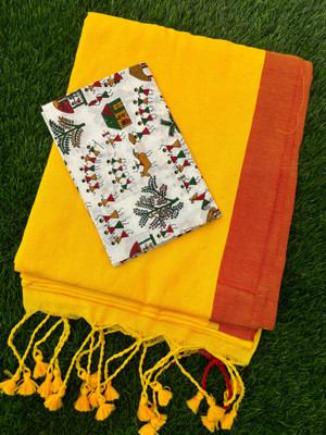 SMRITI BOUTIQUE Printed Bollywood Handloom Pure Cotton Saree(Yellow, Red, White)