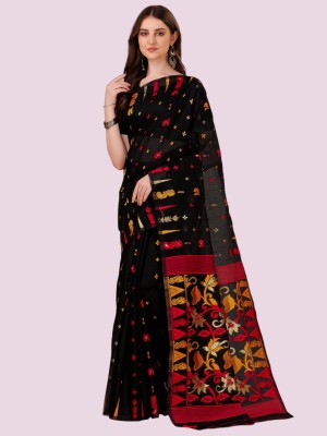 tapovan fashion Woven Jamdani Cotton Silk, Jacquard Saree(Black)
