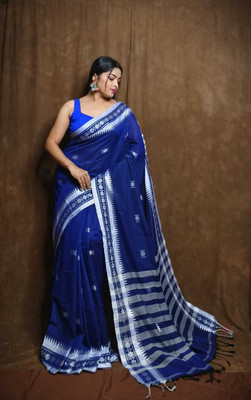 Ganesh fashion textile Printed Jamdani Cotton Silk Saree(Dark Blue)