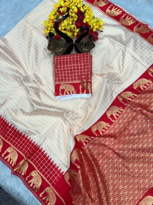 Nimidiya Floral Print Kanjivaram Jacquard, Silk Blend Saree(White, Red)