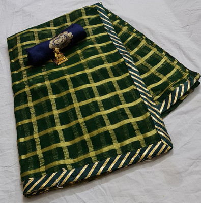 Stylish Sarees Applique, Checkered Bollywood Georgette, Lace Saree(Dark Green)
