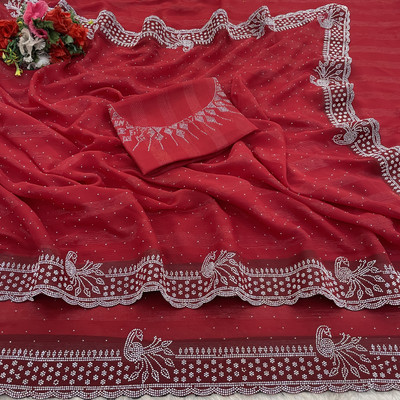 Mikhushop Embellished Bollywood Georgette Saree(Red)
