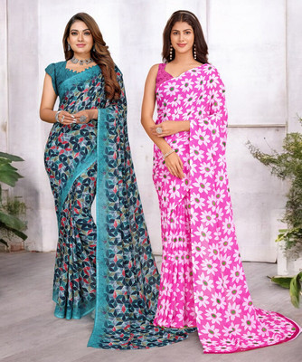 NIRMOHIFASHION Printed Bollywood Georgette Saree(Pack of 2, Multicolor)