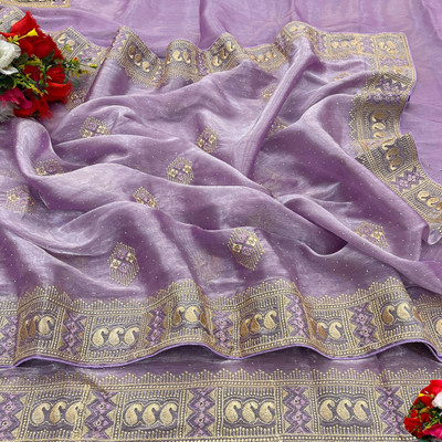 KanjiQueen Self Design, Embellished Banarasi Pure Silk, Organza Saree(Purple, Cream)