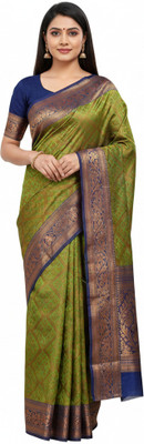 Praghya Fashion Self Design, Woven, Temple Border Banarasi Art Silk Saree(Dark Green)