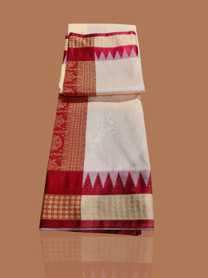 AYEZAL Solid/Plain, Temple Border Sambalpuri Cotton Silk, Art Silk Saree(Cream, Red)