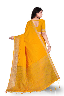 Aarunika BS Solid/Plain Bollywood Pure Silk Saree(Yellow)