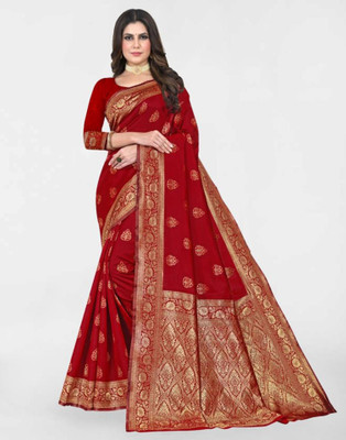 Samah Woven, Embellished, Self Design Banarasi Silk Blend, Jacquard Saree(Red, Gold)