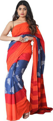 Tropwear Printed, Self Design, Digital Print, Hand Painted, Blocked Printed Sambalpuri Pure Cotton Saree(Blue, Orange)