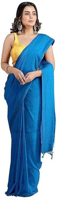 zayraa Solid/Plain Handloom Cotton Blend Saree(Blue)