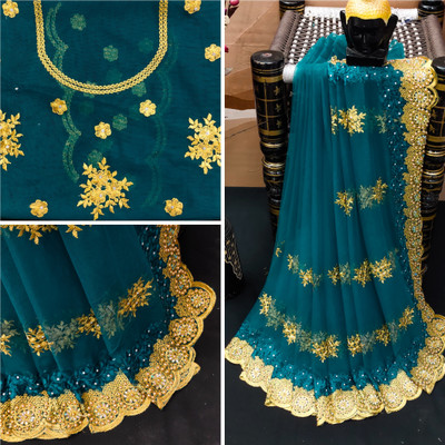 MIYANIFAB Embroidered, Printed Bollywood Net Saree(Dark Green)