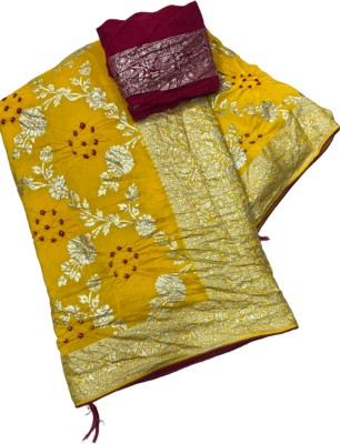 MSC TRENDLINE SAREES Checkered, Printed, Hand Painted, Self Design Banarasi Silk Blend, Viscose Rayon Saree(Gold, Red)